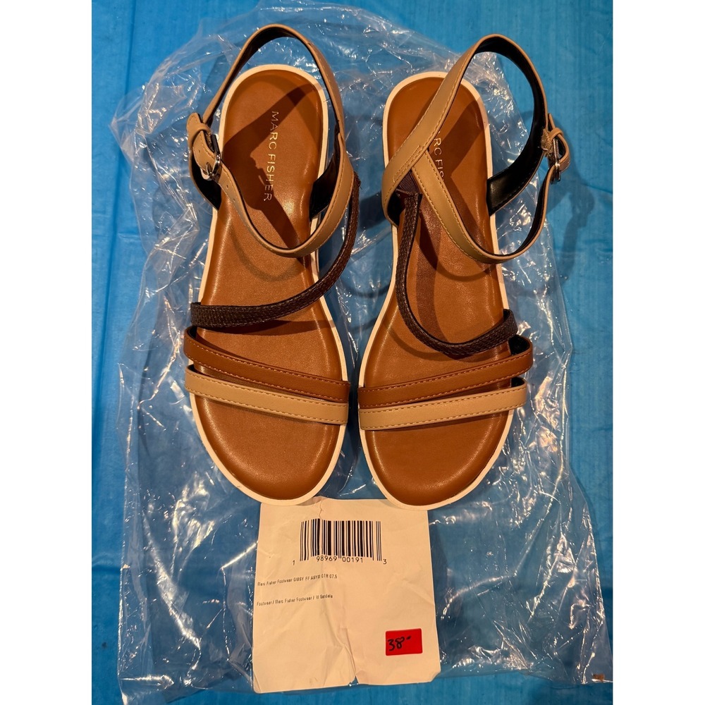 Marc Fisher Gibsy Brown Tan Multi Strap Ankle Buckle Sandals Size 7.5